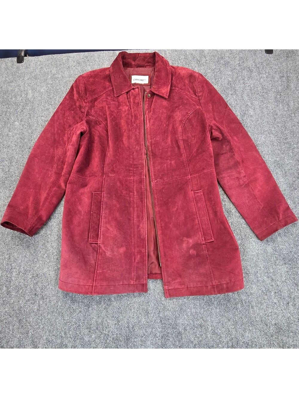Cherokee Burgundy Suede Leather Long Coat Women's M Estimated Button Front